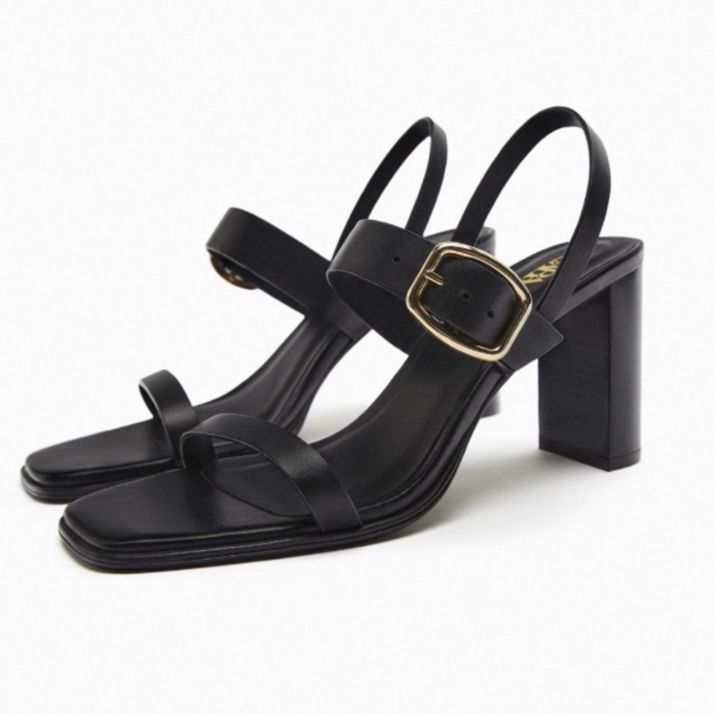 Zara Front Strap Heeled Leather Sandals With Buckle Sz:8 NWT